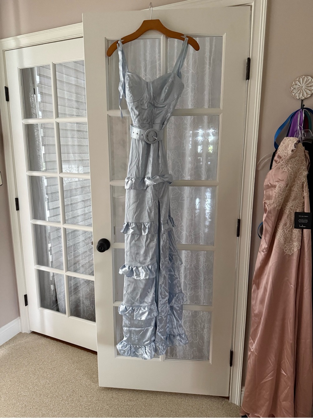 Sky Blue Ruffle-Tiered Maxi Dress with Waist Belt